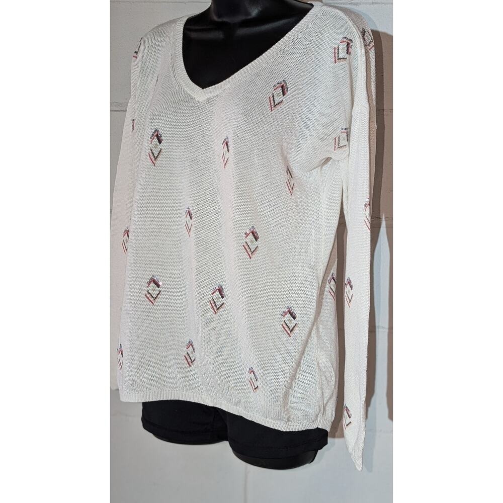 White House Black Market V Neck Knit Sweater Diamond Pattern Pullover Top Medium - Picture 2 of 5
